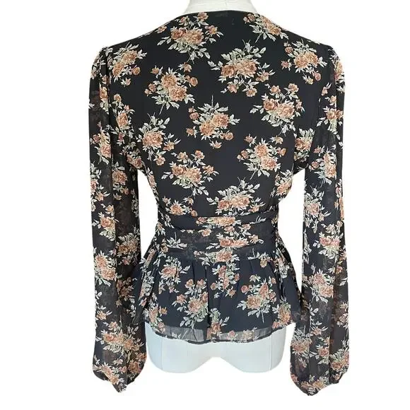 Boho Floral Blouse Faux Wrap Sheer Peplum Whimsigoth Romantic Fairy Size Small - Picture 5 of 8